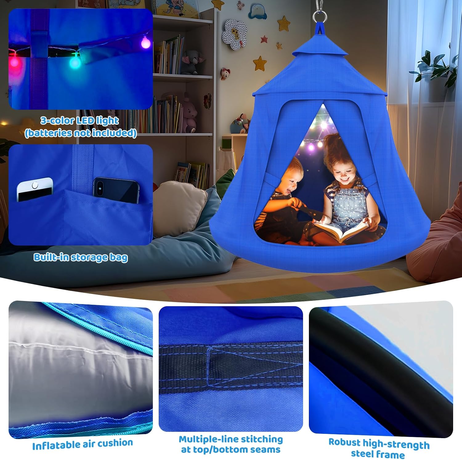Swing Set with Tent Swing, X-Shaped Swing Frame with Sensory Swing, Tent Swing with Swing Stand, Hammock Chair with Stand, 330 lbs Capacity, w/Rainbow Lights String, Indoor/Outdoor Use(Blue)