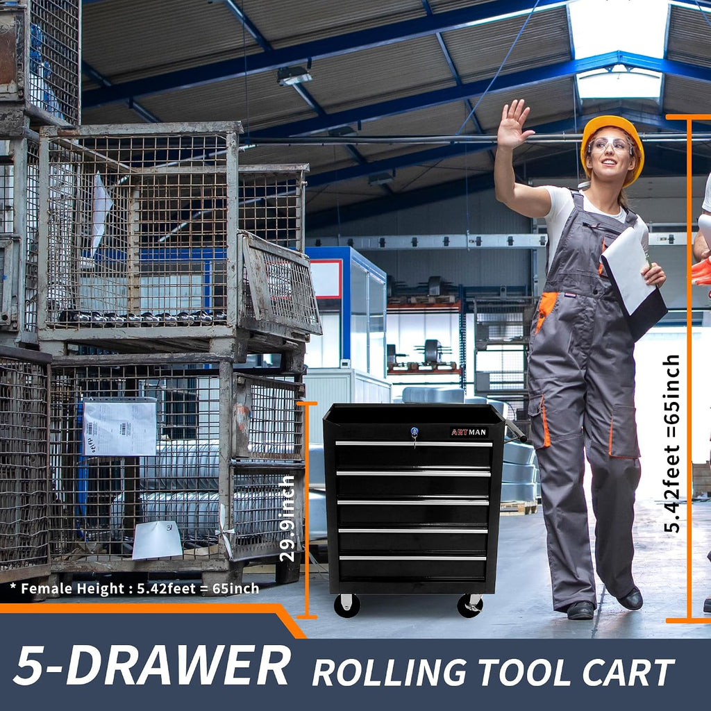 5 Drawers Rolling Tool Box，Tool Chest on Wheels, Lockable Tool Storage Cabinet Organizer Cabinet for Garage, Warehouse, Repair Shop, Workshop
