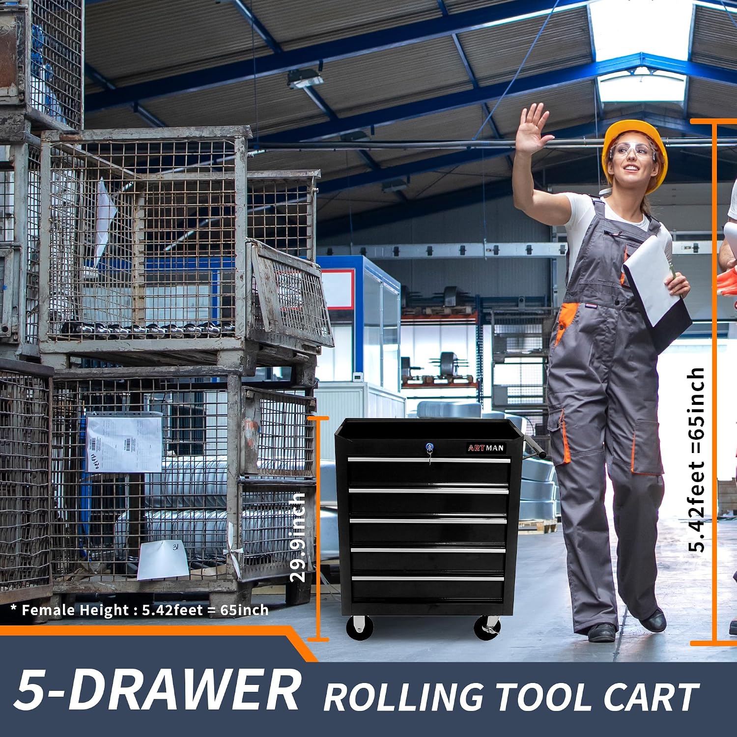 5 Drawers Rolling Tool Box，Tool Chest on Wheels, Lockable Tool Storage Cabinet Organizer Cabinet for Garage, Warehouse, Repair Shop, Workshop