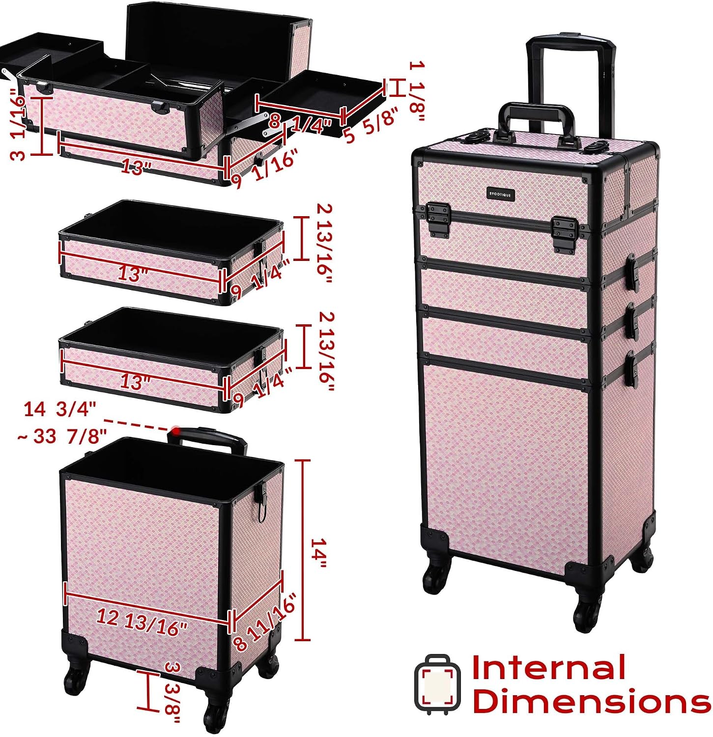 BYOOTIQUE Rolling Makeup Case Large 4in1 Cosmetology Case on Wheels,Easy Access Cosmetic Organizer Travel Case for Makeup Artist Hairstylist,Art Deco Bloom