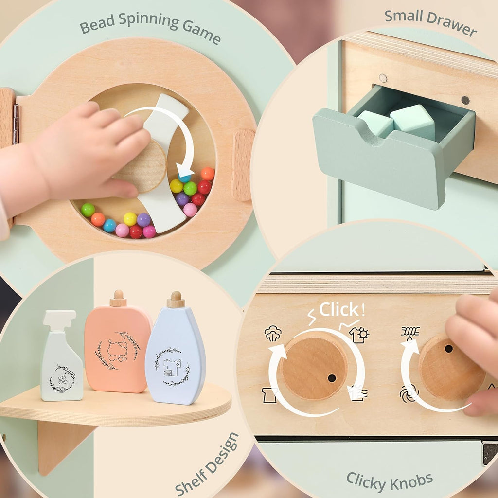 Pillowhale Wooden Washer-Dryer Playset for Kids – 2-in-1 Laundry Center Toy, Dual-Opening Doors, Spinning Drum & Click-Knobs, Basket + Iron Accessories – Montessori Pretend Play Gift Ages 3-6