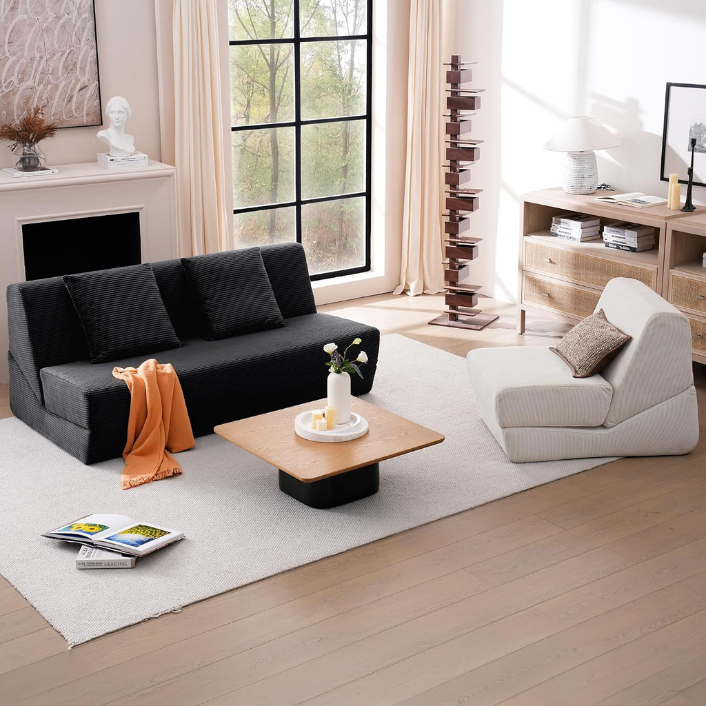 Folding Sofa Bed, Convertible Sleeper Chair with Pillows, High Support Memory Foam & Soft Corduroy Fbric, Comfy Couch Bed, Floor Loveseat Couch for Living Room, Apartment, Guest Room,Black