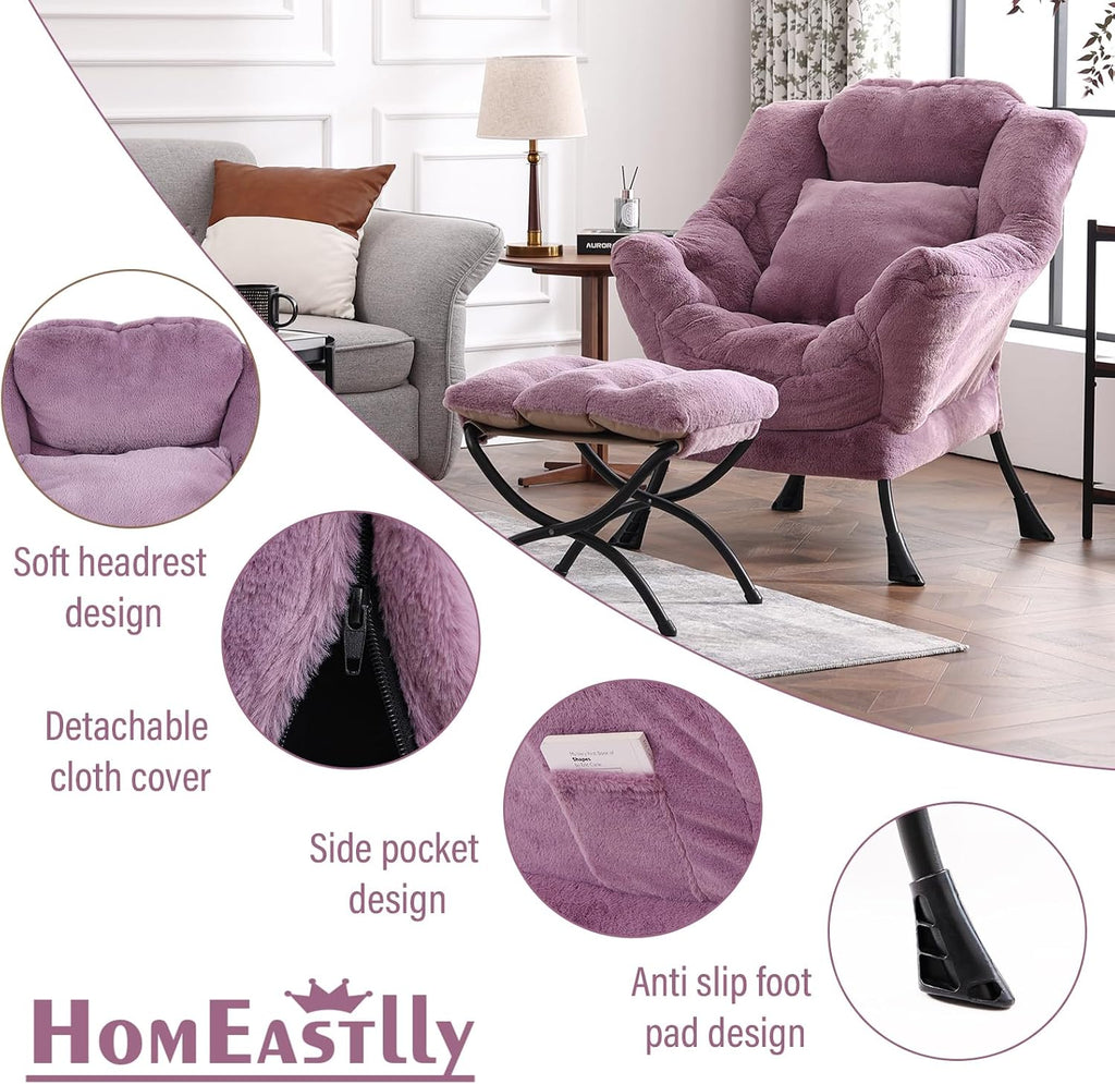 Lazy Chair with Ottoman, Reading Chair with a Pillow, Leisure Sofa Armchair with Ottoman, Large Accent Chair for Bedroom, Living Room, Dorm Room, Plush Purple