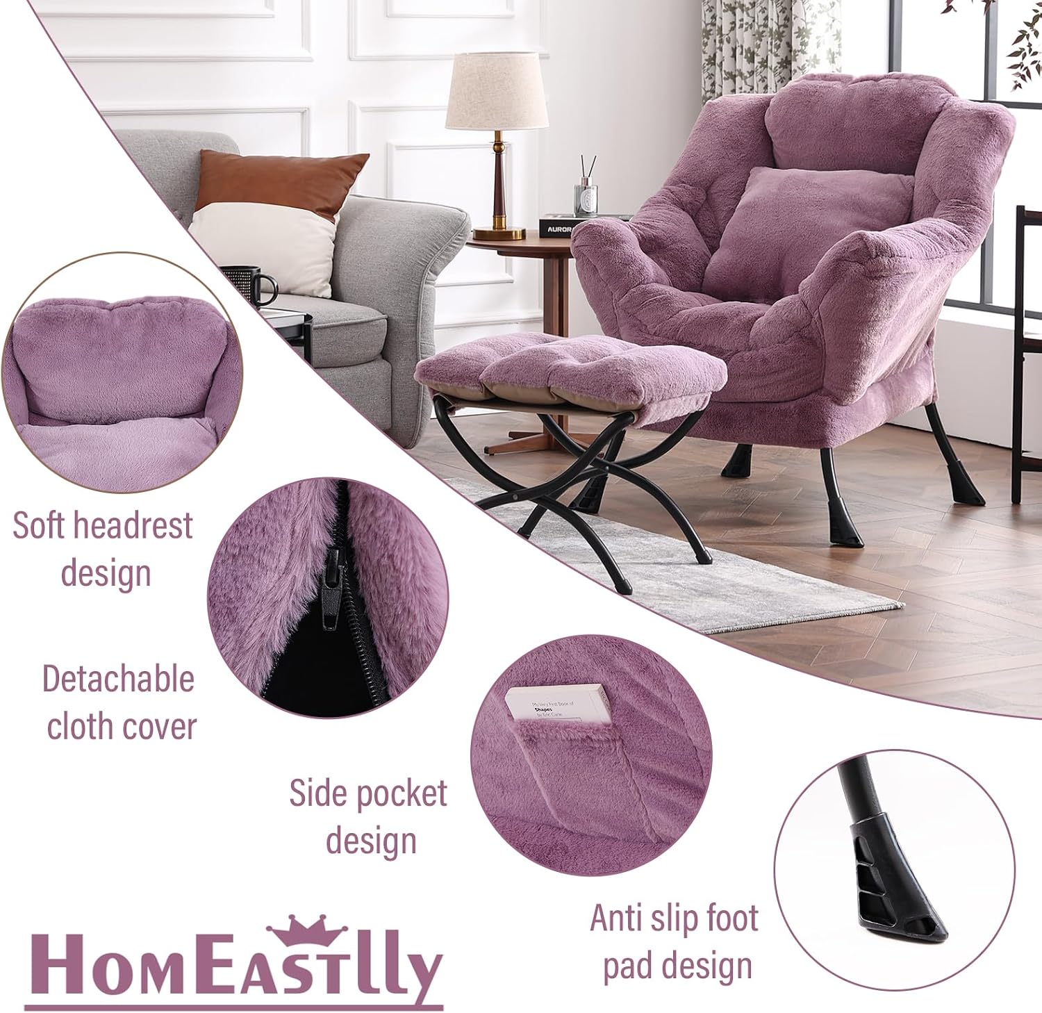 Lazy Chair with Ottoman, Reading Chair with a Pillow, Leisure Sofa Armchair with Ottoman, Large Accent Chair for Bedroom, Living Room, Dorm Room, Plush Purple