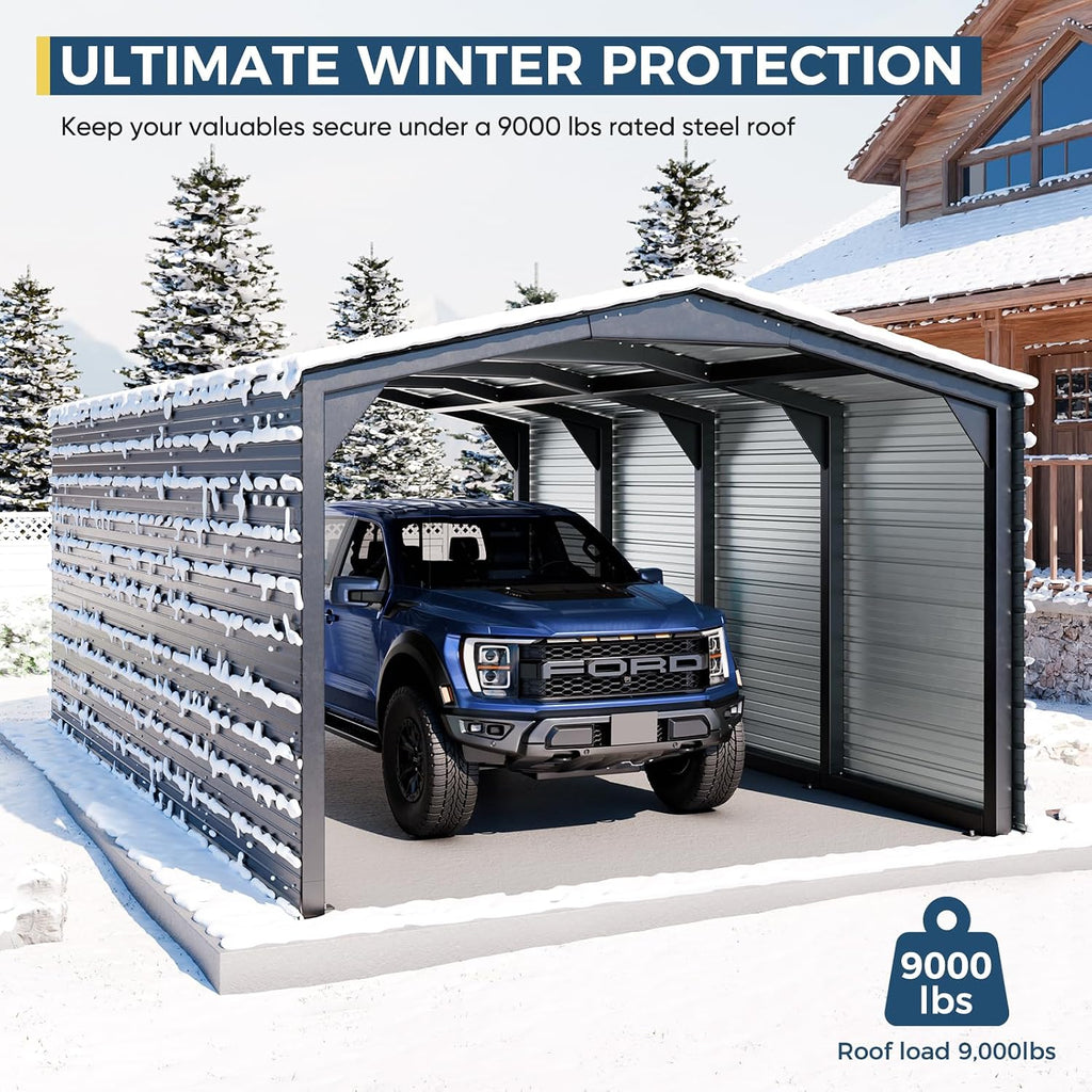 Metal Carport 12x20ft Heavy-Duty 2-Sided Enclosure | Military-Grade Reinforced Garage Kits with Steel Roof & Hurricane | 100lbs/Sq.Ft Snow/RV/Camper/Truck/Tractor Shelter
