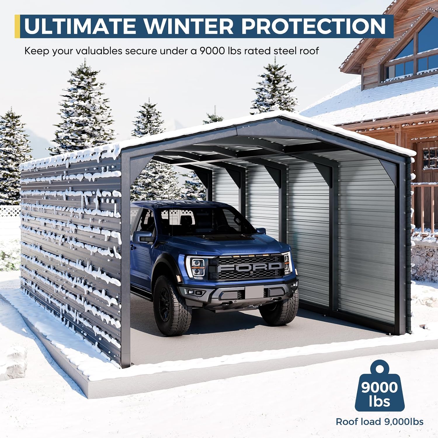 Metal Carport 12x20ft Heavy-Duty 2-Sided Enclosure | Military-Grade Reinforced Garage Kits with Steel Roof & Hurricane | 100lbs/Sq.Ft Snow/RV/Camper/Truck/Tractor Shelter