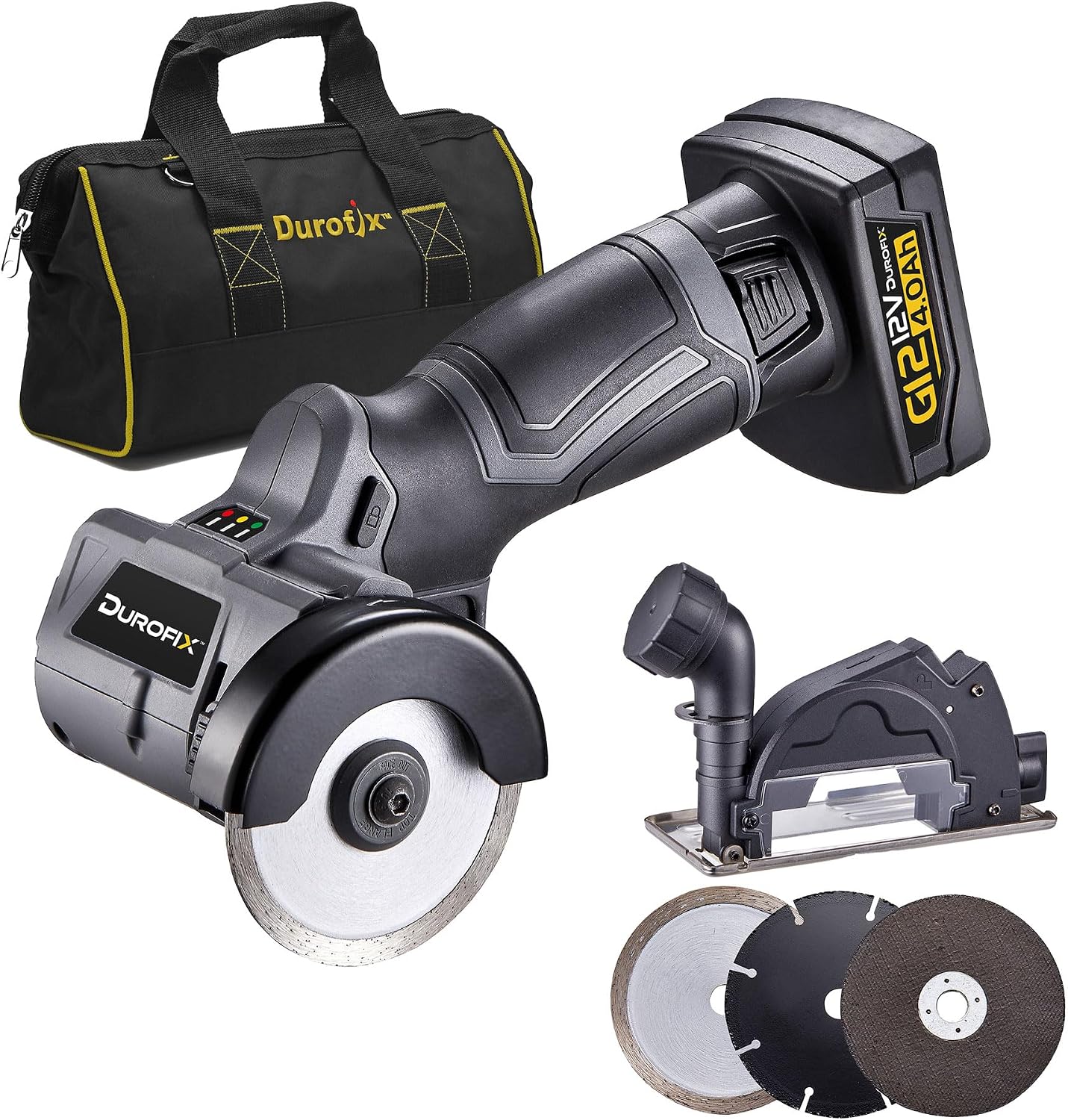 Durofix RC1222-PG G12 Series 12V Cordless 3' Compact Cut-Off Tool Kit, 20,000 RPM with Interchangeable Blades & Safety Guard + 4.0 Ah Battery & Canvas Bag