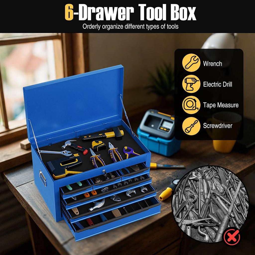 Tool Box, 6-Drawer Steel Tool Chest with Top Storage Automatic Lock & EVA Liner, Portable Tool Storage Organizer for Repair Shop Garage Warehouse (Blue)