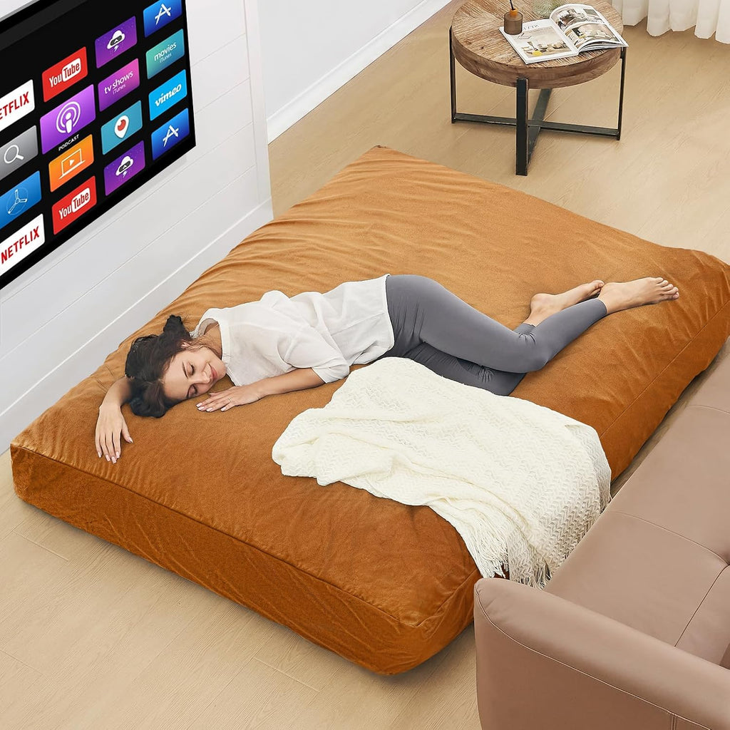 Bean Bag Chairs for Adults - Giant Bean Bag Chair Convertible Bean Bag Bed - Beanbag Chair with Micro Fiber Cover/Furniture Foam Filler - Floor Couch Sofa in Bedroom Dorm Room - Full Golden Brown