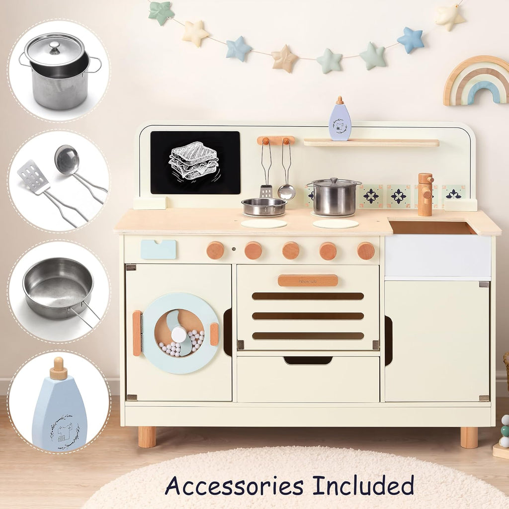 Pillowhale Wooden Play Kitchen with Washer – Large Interactive Toy Kitchen Set for Kids 3+ – Montessori Pretend Play Center with Metal Cookware & Chalkboard – Gift for Boys Girls