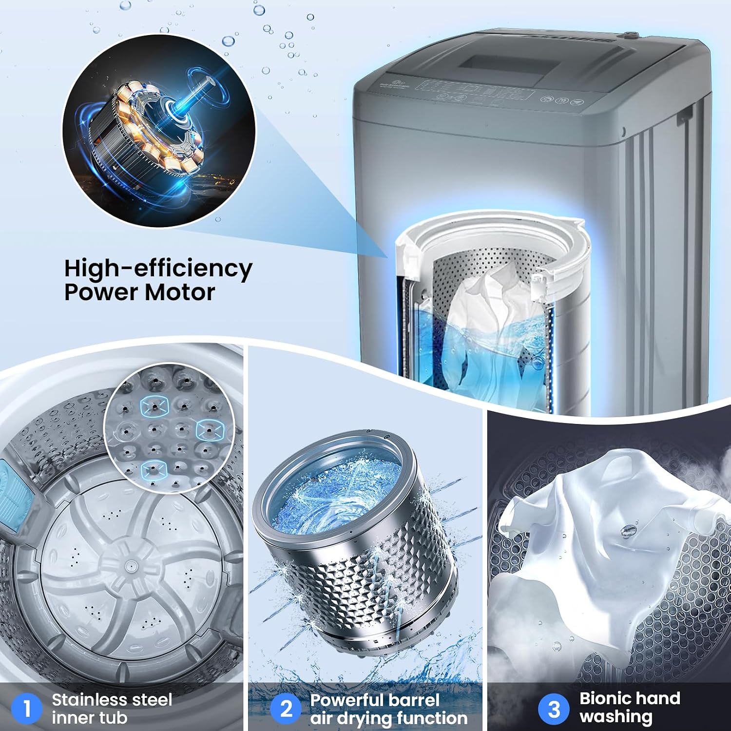 Nictemaw Portable Washing Machine 17.8Lbs, 2.4Cu.ft Full Automatic Portable Washer with 10 Wash Programs, 8 Water Levels & Drain Pump, Compact Laundry Washer for Home, RV, Dorm, Grey