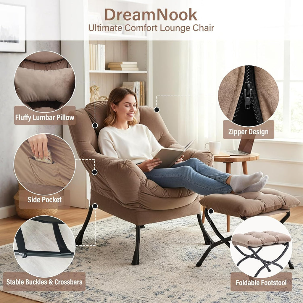 Lazy Chair with Ottoman, Modern Accent Chair with Lumbar Pillow, Velvet Khaki Sofa, Armchairs with Folding Footrest, Oversized Supportive Chairs for Bedroom, Reading