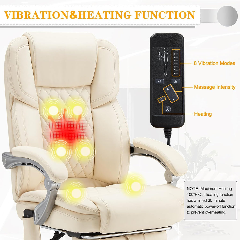 HOMREST Executive Office Chair with Footrest, 6-Point Massage Office Chair with Reclining Backrest, Heated Leather Computer Chair for Home Office(Cream)