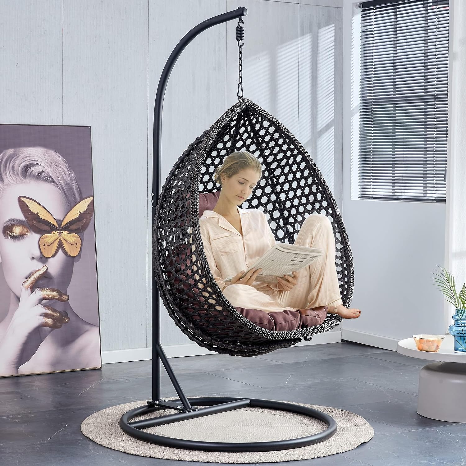 Egg Swing Chair with Stand,Black Hanging Egg Chair with Stand, Rattan Swing Egg with Soft Cushion, Outdoor Hanging with Foldable Basket & Metal Stand for Bedroom Patio (Black)