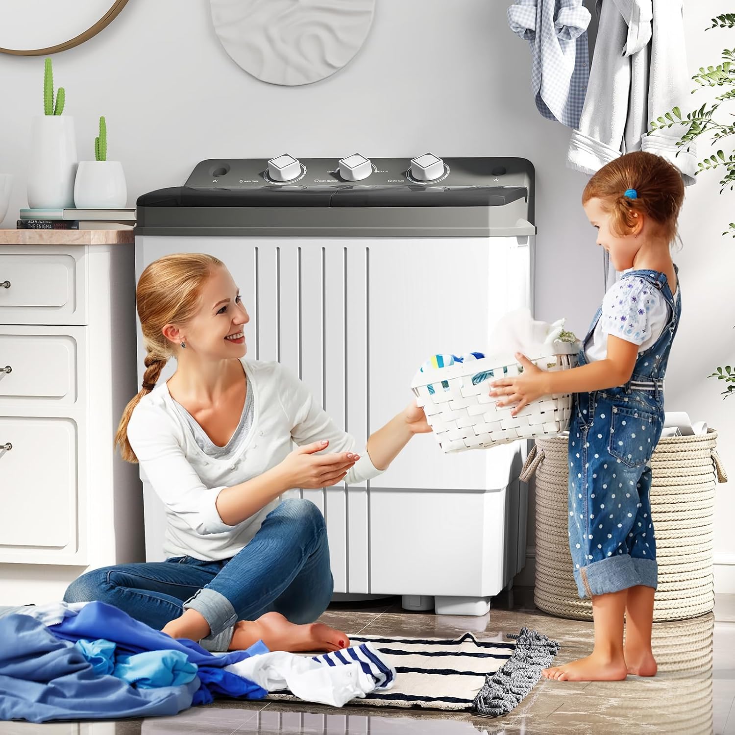 COSTWAY Portable Washing Machine, Twin Tub 20 Lbs Capacity with Drain Pump, Laundry Washer 12 Lbs and Spinner 8 Lbs with Timer Control, Perfect for Apartment Dorm RV, Grey+White