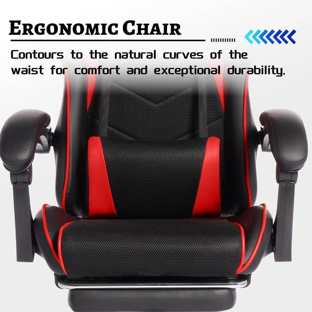 450lbs Big and Tall Gaming Chair with Footrest – Heavy Duty Wide Seat Video Game Chair for Adults, Reclining PU Leather High Back Computer Office Desk Chair with Lumbar Support (Model F, Black+Red)