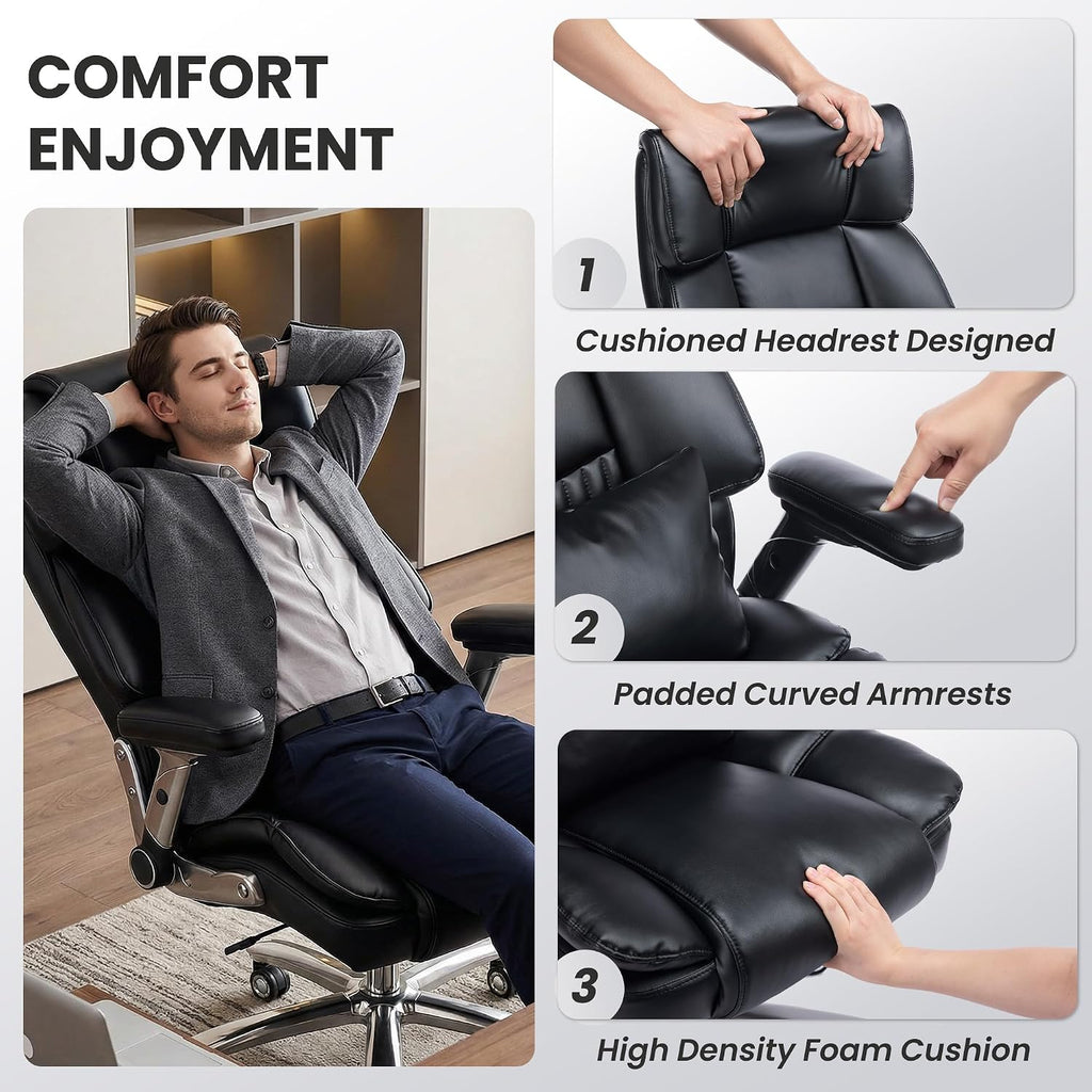 750lbs Heavy Duty Desk Chair with 3D Kneading Massage, Big and Tall Office Chairs with Ergonomic Support, 3D Armrests, 5 Quiet Dual Rubber Wheel, Thick Pocket Spring Cushion(Black, PU)