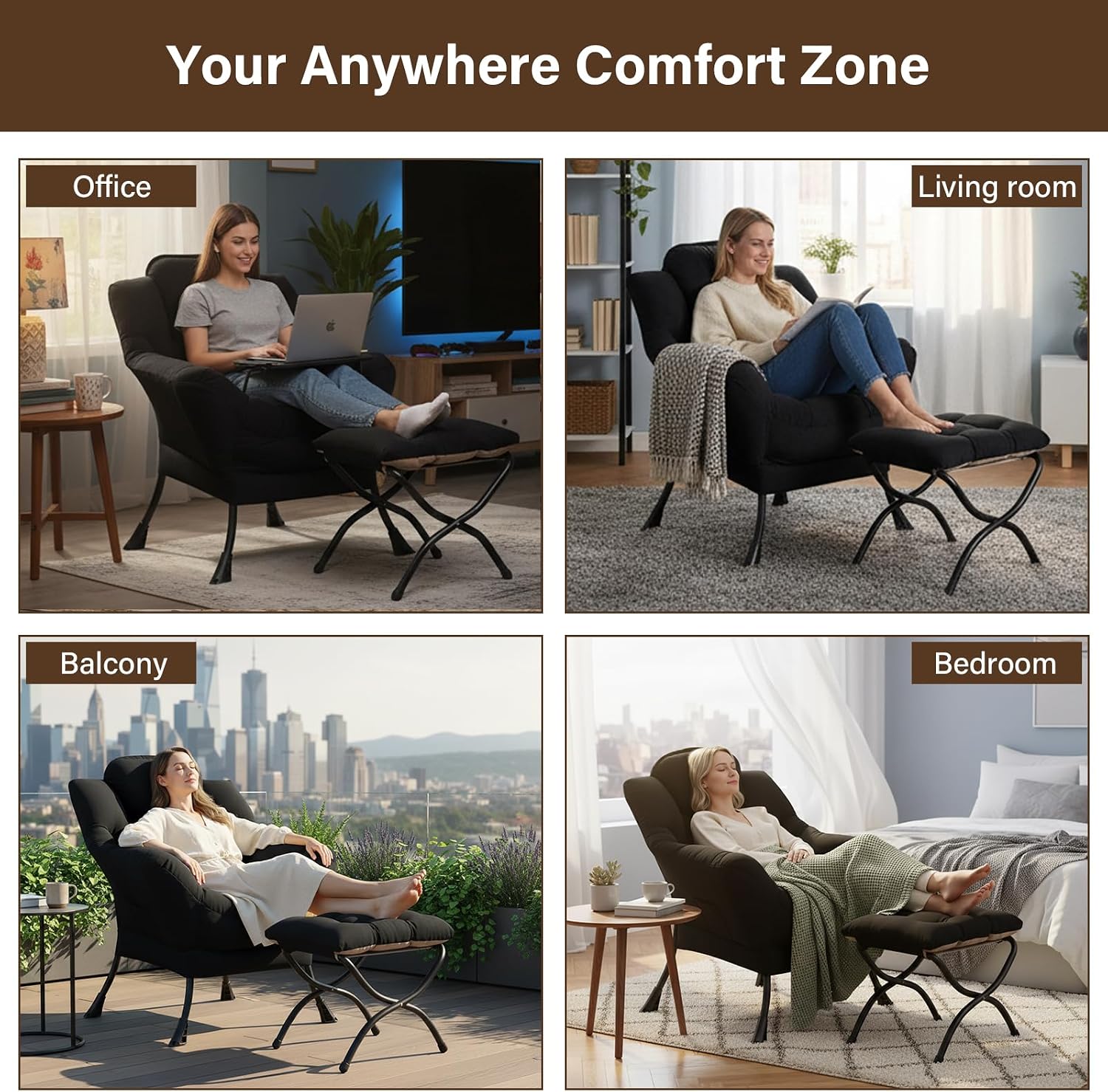 Welnow Lazy Chair with Ottoman, Modern Accent Chair with Armrests and a Side Pocket, Leisure Sofa Armchair Set, Reading Armchair with Footrest for Small Space, Black
