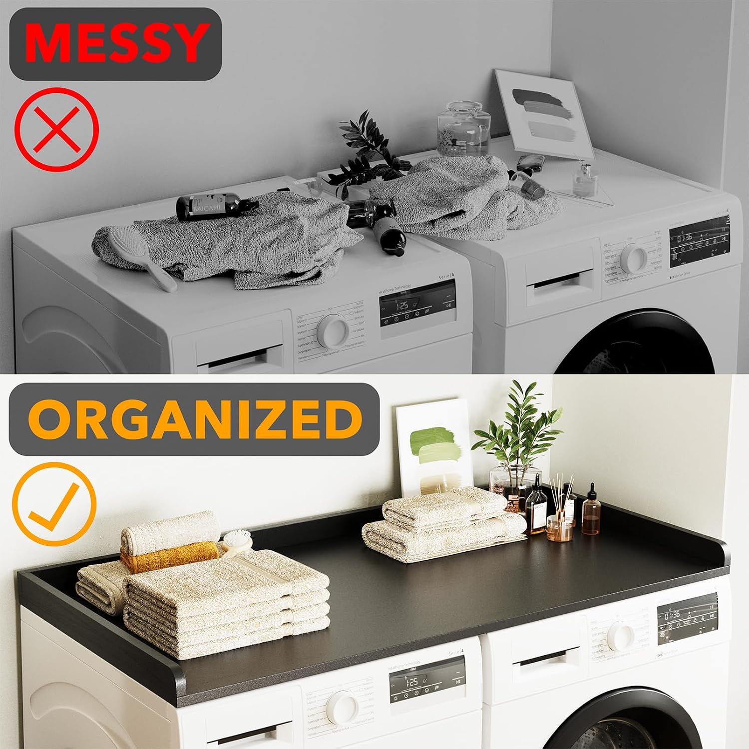 SpaceAid Washer Dryer Countertop, Laundry Wood Shelf Topper with Edge, 54' Width x 27.5' Depth Cover Guard Organizer for Washer and Dryer Laundry Hamper Counter Storage Organization (Black)