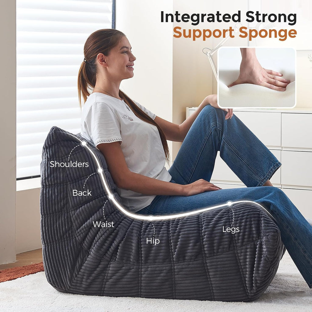 Bean Bag Chairs for Adults Teens Kids, Fireside Chair Bean Bag Lounger with Memory Foam Filled, Bean Bag Sofa for Living Room, Dorms, Apartments, Reading Corner (Grey Corduroy)