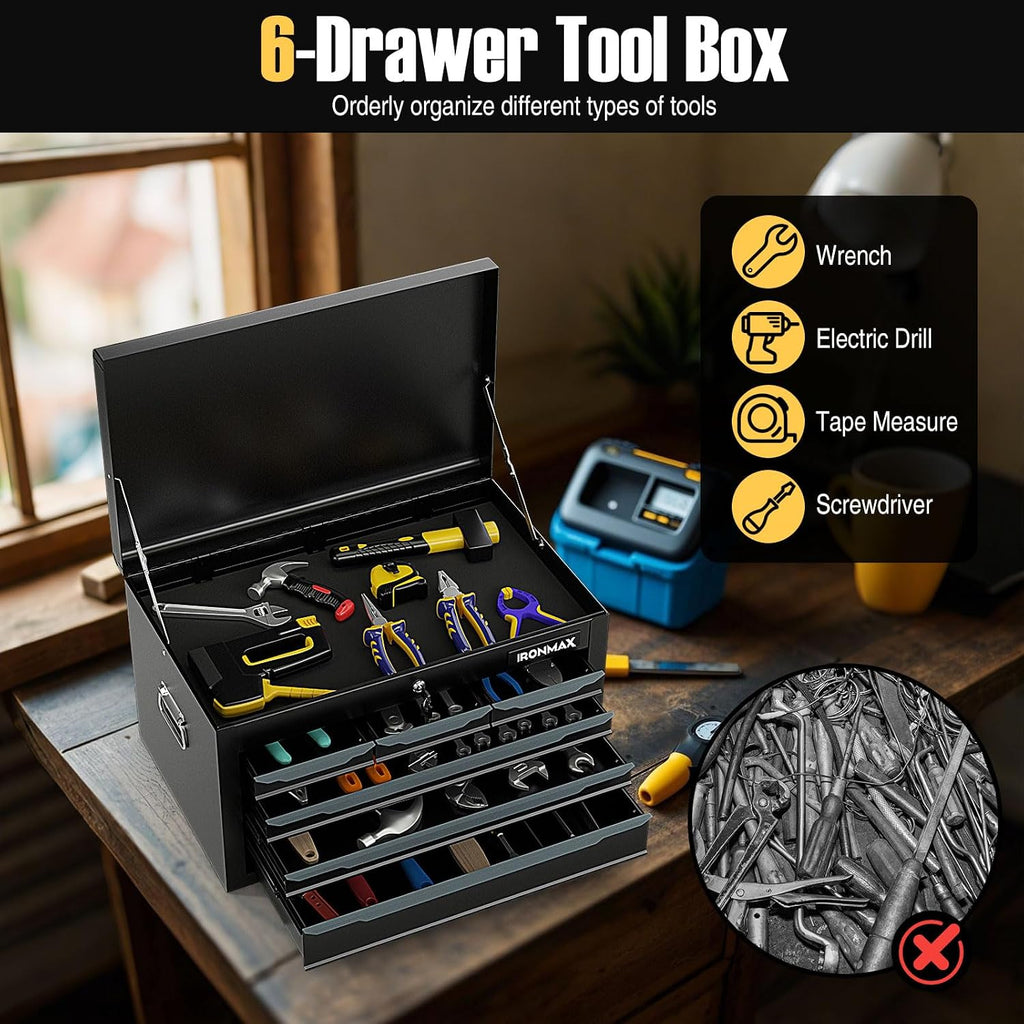 Tool Box, 6-Drawer Steel Tool Chest with Top Storage Automatic Lock & EVA Liner, Portable Tool Storage Organizer for Repair Shop Garage Warehouse (Black)