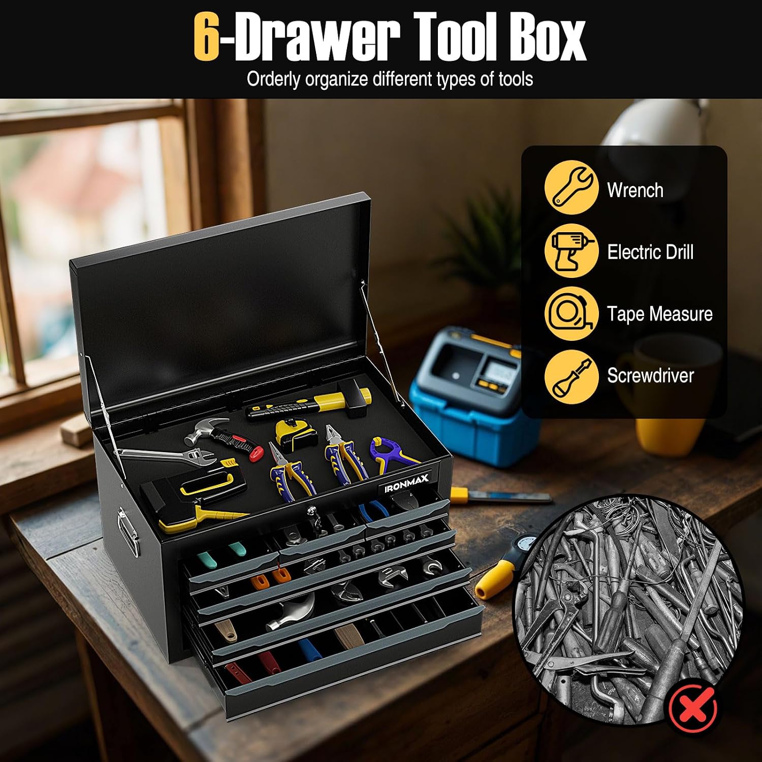 Tool Box, 6-Drawer Steel Tool Chest with Top Storage Automatic Lock & EVA Liner, Portable Tool Storage Organizer for Repair Shop Garage Warehouse (Black)