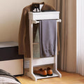 Wooden Valet Stand for Men, Clothing Valet Stand with Tray Organizer, shoe shelf and Hanging Suit, Freestanding Portable Coat Rack for Entryway, Bedroom, Office (White)