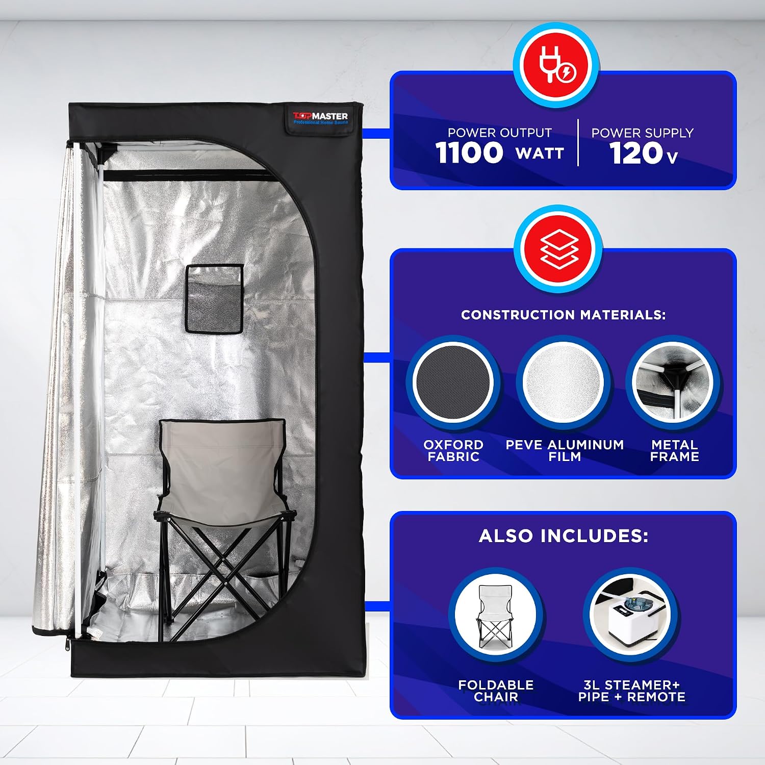 TopMaster Portable Sauna Steam Tent, Full Size Home Personal Sauna Box Steam Room, Large 3 Liter 1000W Generator, Folding Chair, 9 Levels,