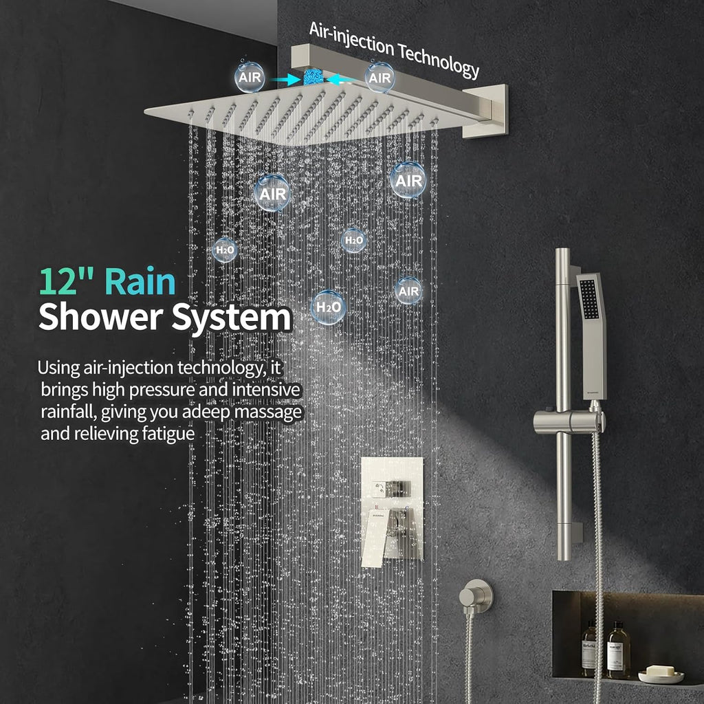 SR SUN RISE 12 Inch Square Shower System, Rain Shower Head and Slide Bar Handheld Shower Faucet Wall Mounted Combo Set Included Valve and Trim Kit for Bathroom, Brushed Nickel