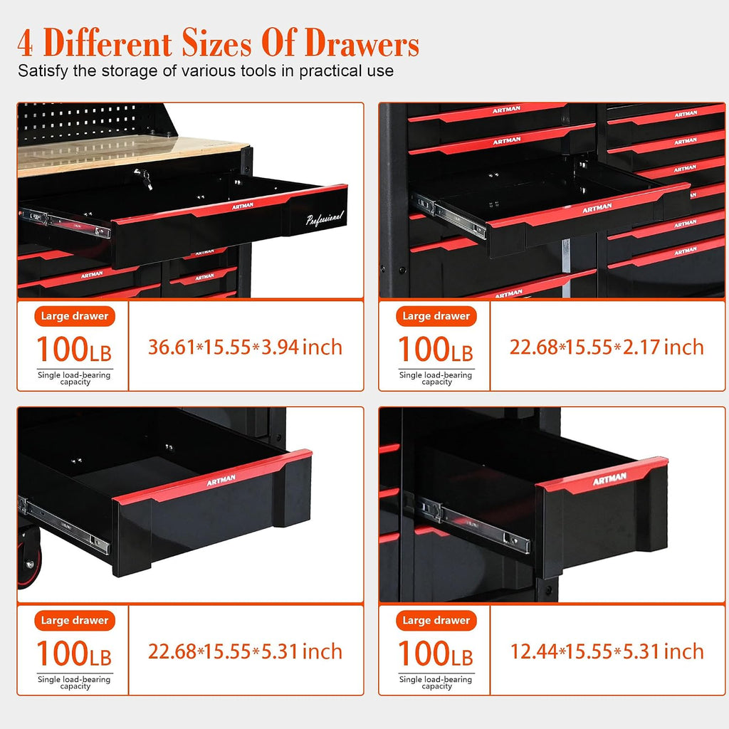 72 Inch Tool Box, Rolling Tool Chest Workbench with 19-Drawers & Locking Cabinets, Heavy-Duty Mobile Workbench with Wood Top, Pro Garage Organization Cabinets & Storage System