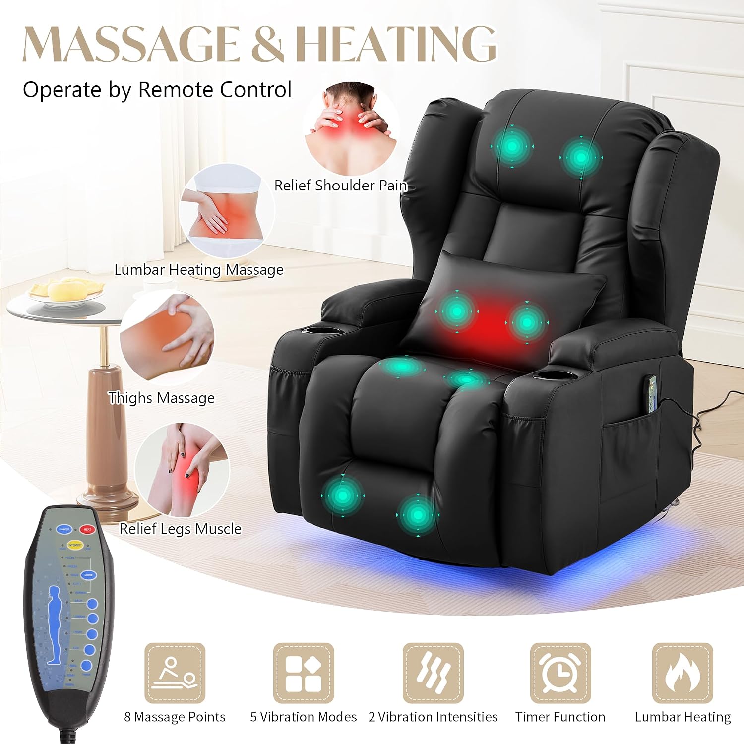 Power Swivel Rocker Recliner Chair for Adults, Dual-Motor Power Recliner with Independent Back & Footrest, Massage & Heat, 3-Sided Lights, USB, Cup Holder, Glider Rocking Chair for Living Room, Black