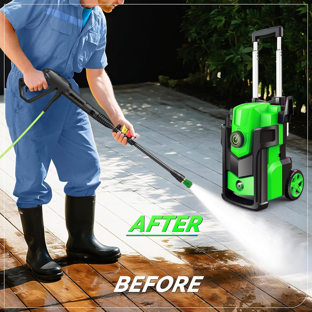 Electric Pressure Washer 5000PSI, Heavy Duty Power Washer Electric Powered, with 4 Nozzles,Foam Cannon,33FT Hose and 500ml Soap Bottle,Car Wash Machine/Car/Driveway/Patio Clean,Green