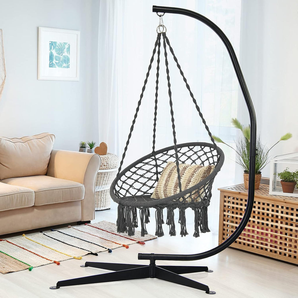 Tangkula Hammock Stand, Steel C Stand for Hanging Chair, Hammock Chair Stand Only with Buckle Hook, Offset Base, 360-Degree Rotation Egg Chair Stand for Indoor Outdoor