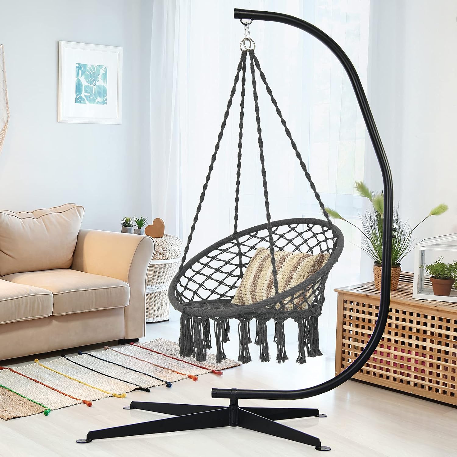 Tangkula Hammock Stand, Steel C Stand for Hanging Chair, Hammock Chair Stand Only with Buckle Hook, Offset Base, 360-Degree Rotation Egg Chair Stand for Indoor Outdoor
