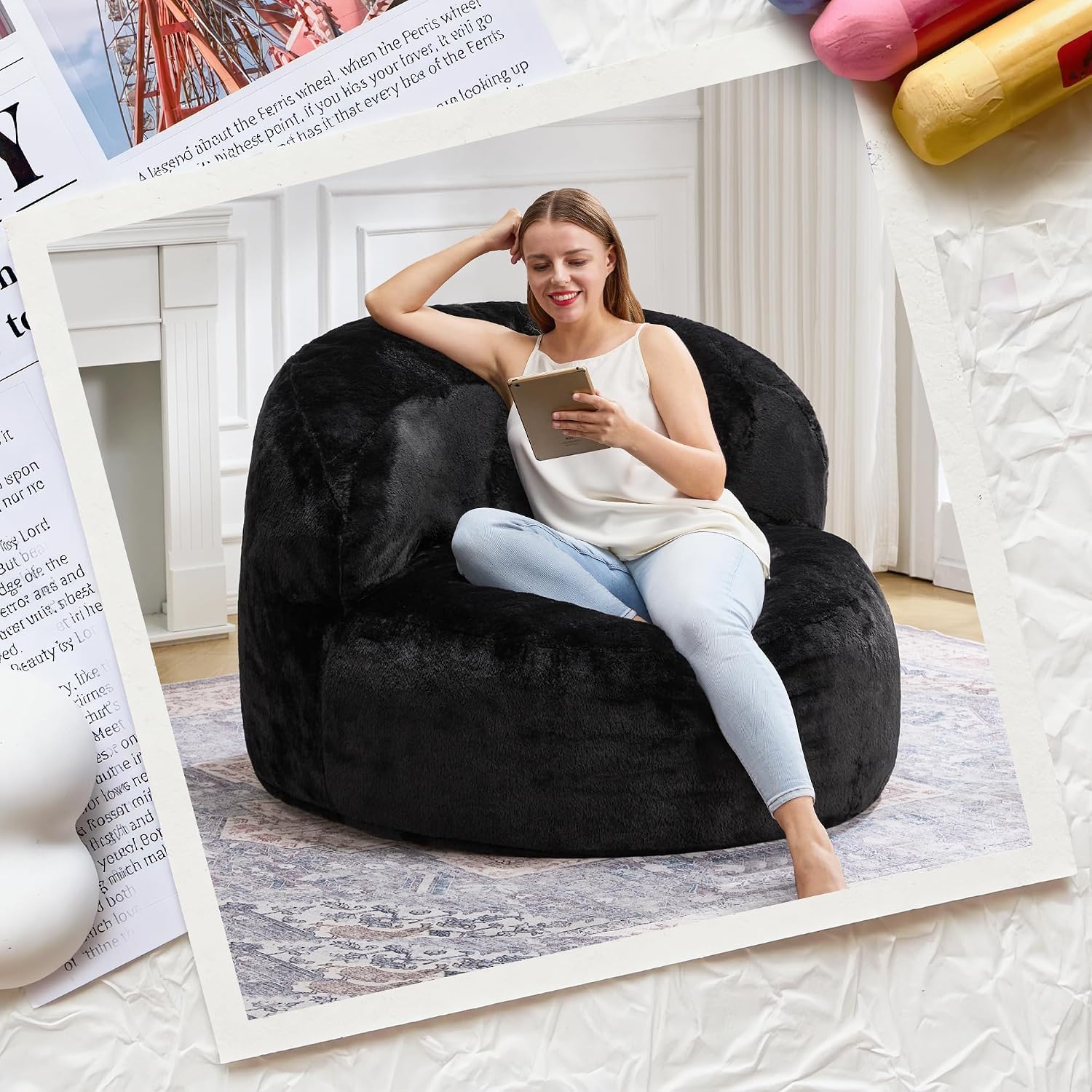 Hobestluk Bean Bag Chair Giant Bean Bag Chairs for Adults Big Bean Bag Chair with Memory Foam Filler Adults Large Beanbag with Faux Fur Cover for Bedroom(Plush Black,Oversize)