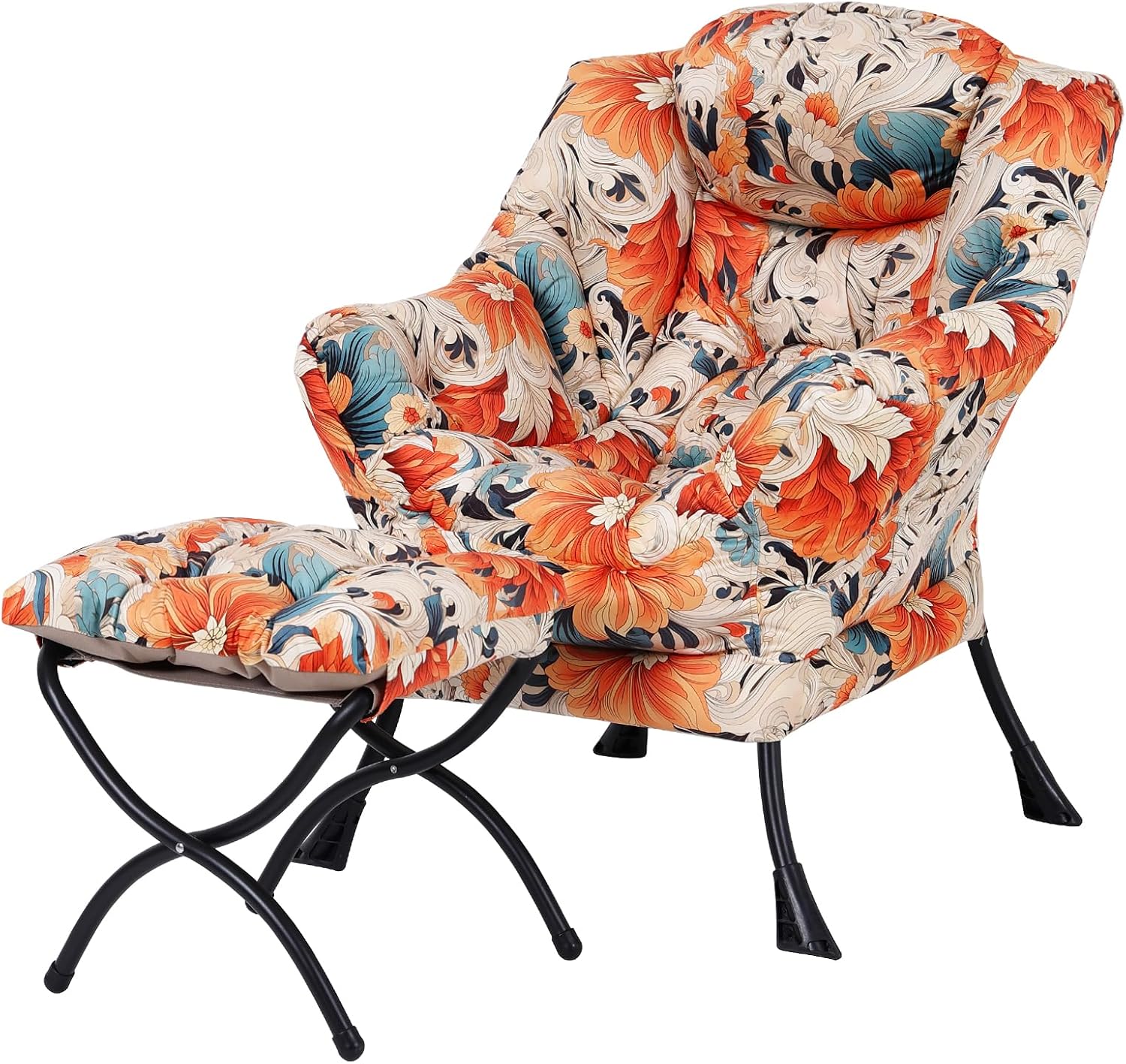 Welnow Lazy Chair with Ottoman, Modern Accent Chair with Armrests and a Side Pocket, Leisure Sofa Armchair Set, Reading Armchair with Footrest for Small Space, Orange Blue