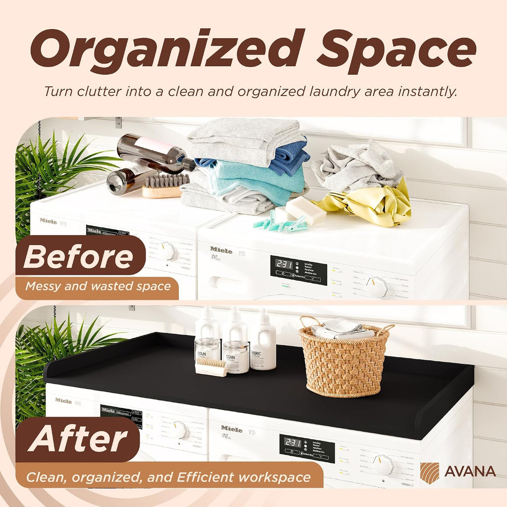 Avana (100% Natural Solid Wood Washer Dryer Countertop – Black Pine Laundry Countertop with Raised Edges, 54' x 27.5' Counter Top for Washer and Dryer, Laundry Room Organizer & Tabletop