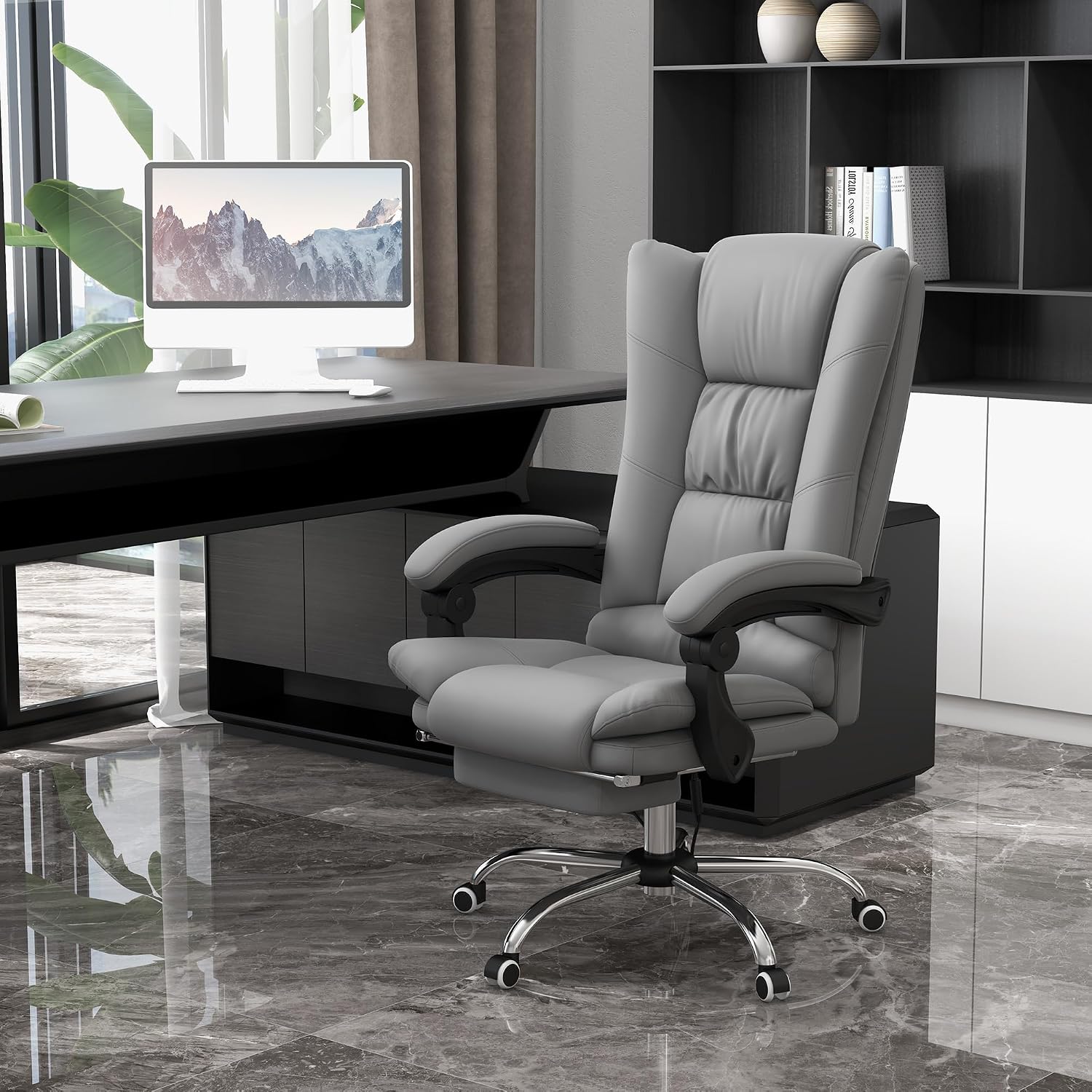 Vinsetto Executive Massage Office Chair with 4 Vibration and Heat, 3 Modes, PU Leather Swivel Chair with Adjustable Height, Reclining Back, and Footrest, Gray