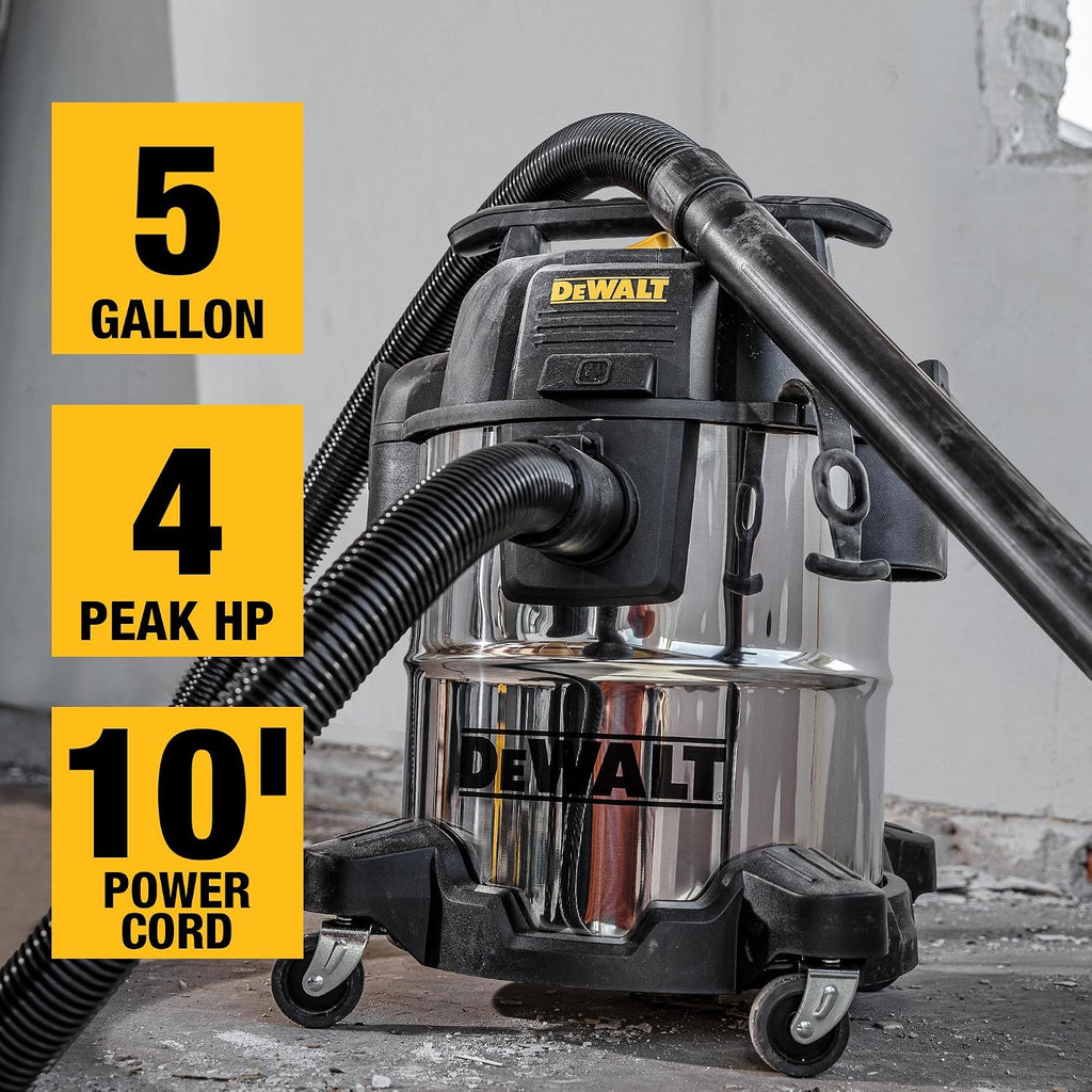 DEWALT DXV05S 5 Gallon Stainless Steel Wet/Dry Vac, 4 Peak HP Shop Vacuums with Attachments, Powerful Suction, 1-7/8' Hose, DXV05S, Silver