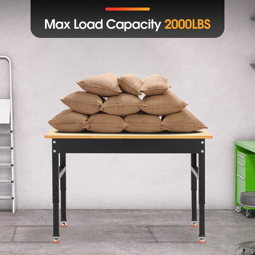 48 * 20' Adjustable Workbench, 2000 LBS Load Capacity Heavy Duty Workstation Without Power Outlets, Rubber Wood Top Worktable for Garage, Office,Workshop, Commercial