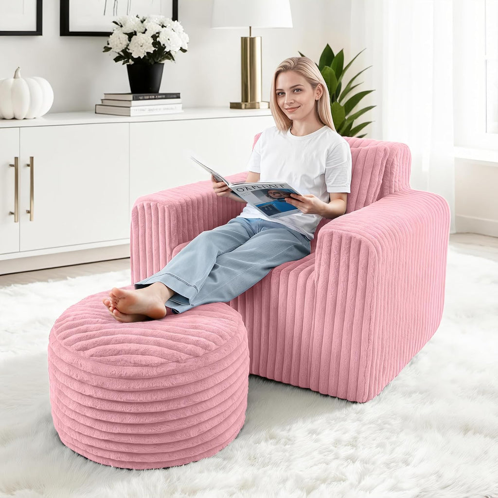 HABUTWAY Bean Bag Chair for Adults with Pillow, Giant Bean Bag Chairs with Ottoman, Comfy Dorm Chair with High Backrest & Wider Armrest, Lounger Chair Indoor for Bedroom Living Room(Pink)
