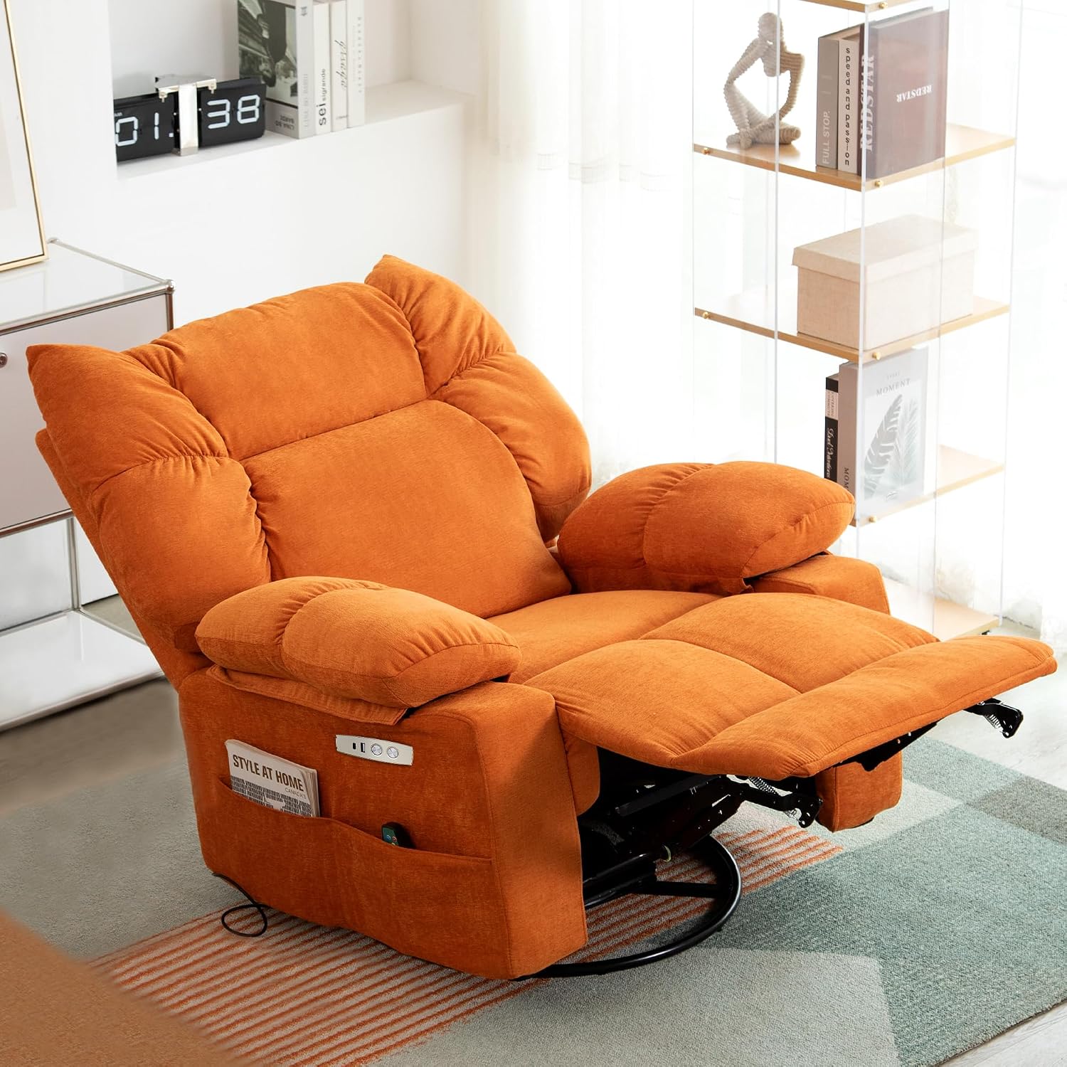 Power Swivel Rocker Recliner Chair Oversized for Adults, Electric Heated & Massage Chair Recliner with USB/Type-C, Fabric Nursery Recliner for Living Room,Bedroom, Orange