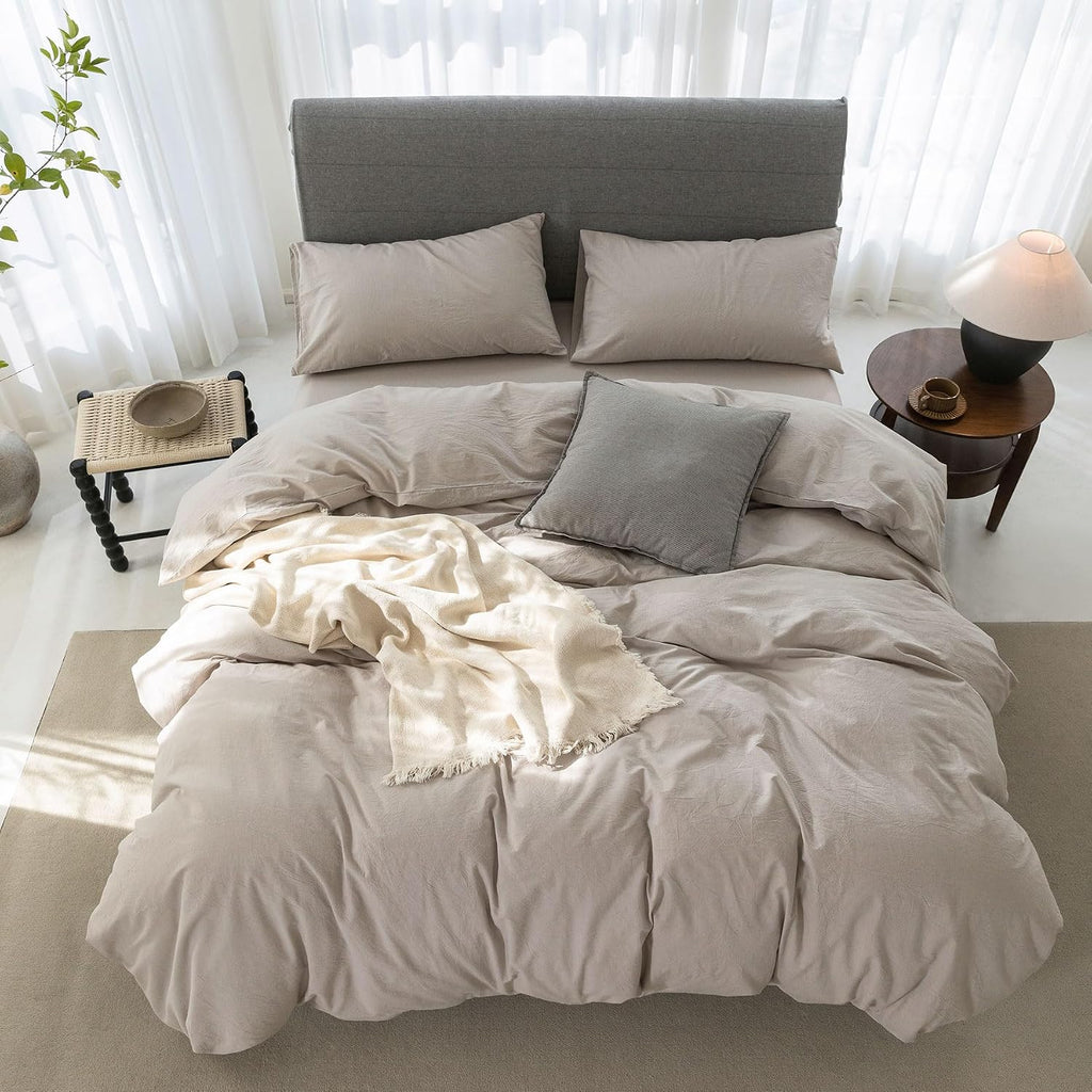 Super King Plus Cooling Duvet Cover Set - 3 Pieces 100% Cotton Bedding, Breathable, Crisp Linen-Like Texture, Naturally Soft & Gets Better, Hidden Zipper & Corner Ties – Beige Grey, 120'x120'