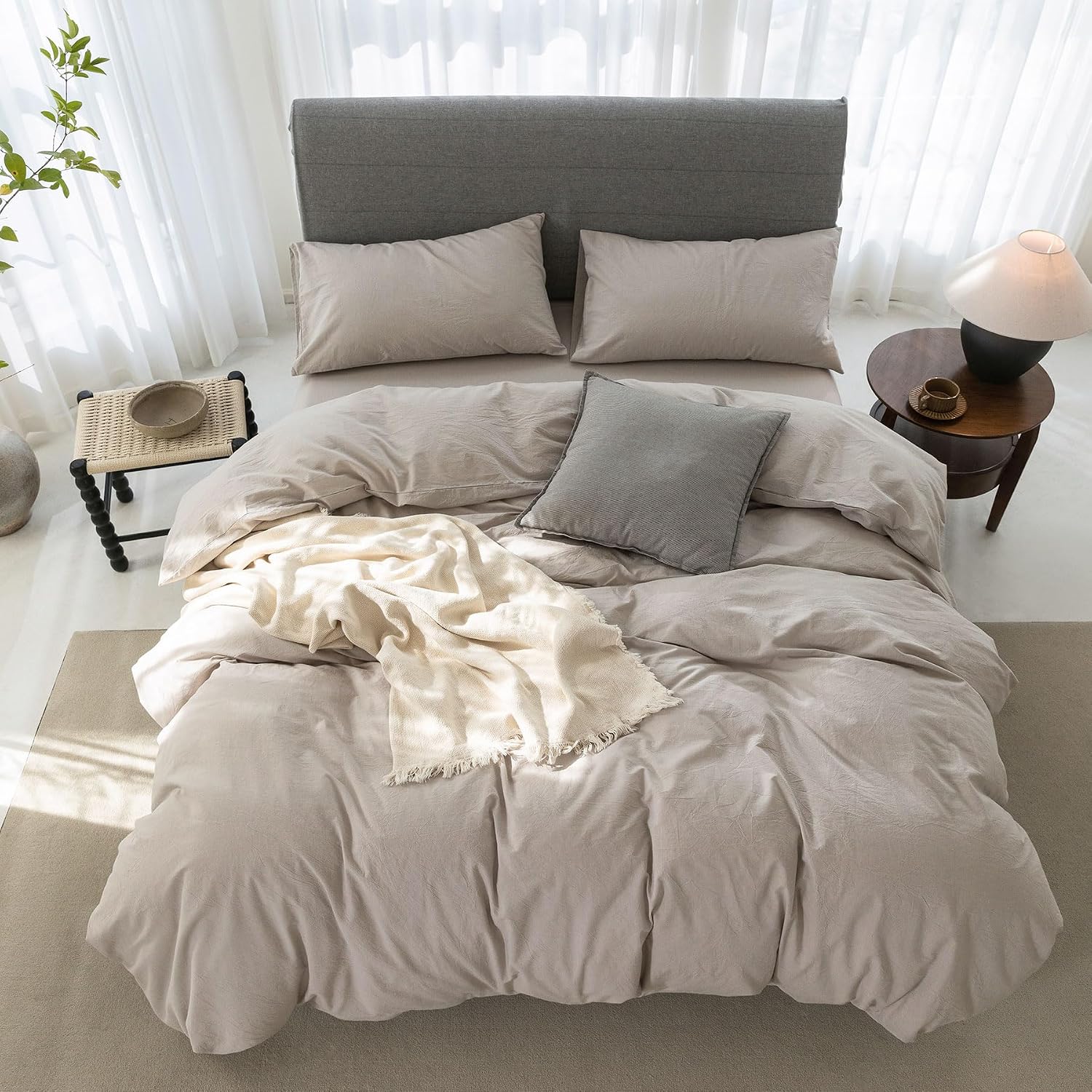 Super King Plus Cooling Duvet Cover Set - 3 Pieces 100% Cotton Bedding, Breathable, Crisp Linen-Like Texture, Naturally Soft & Gets Better, Hidden Zipper & Corner Ties – Beige Grey, 120'x120'