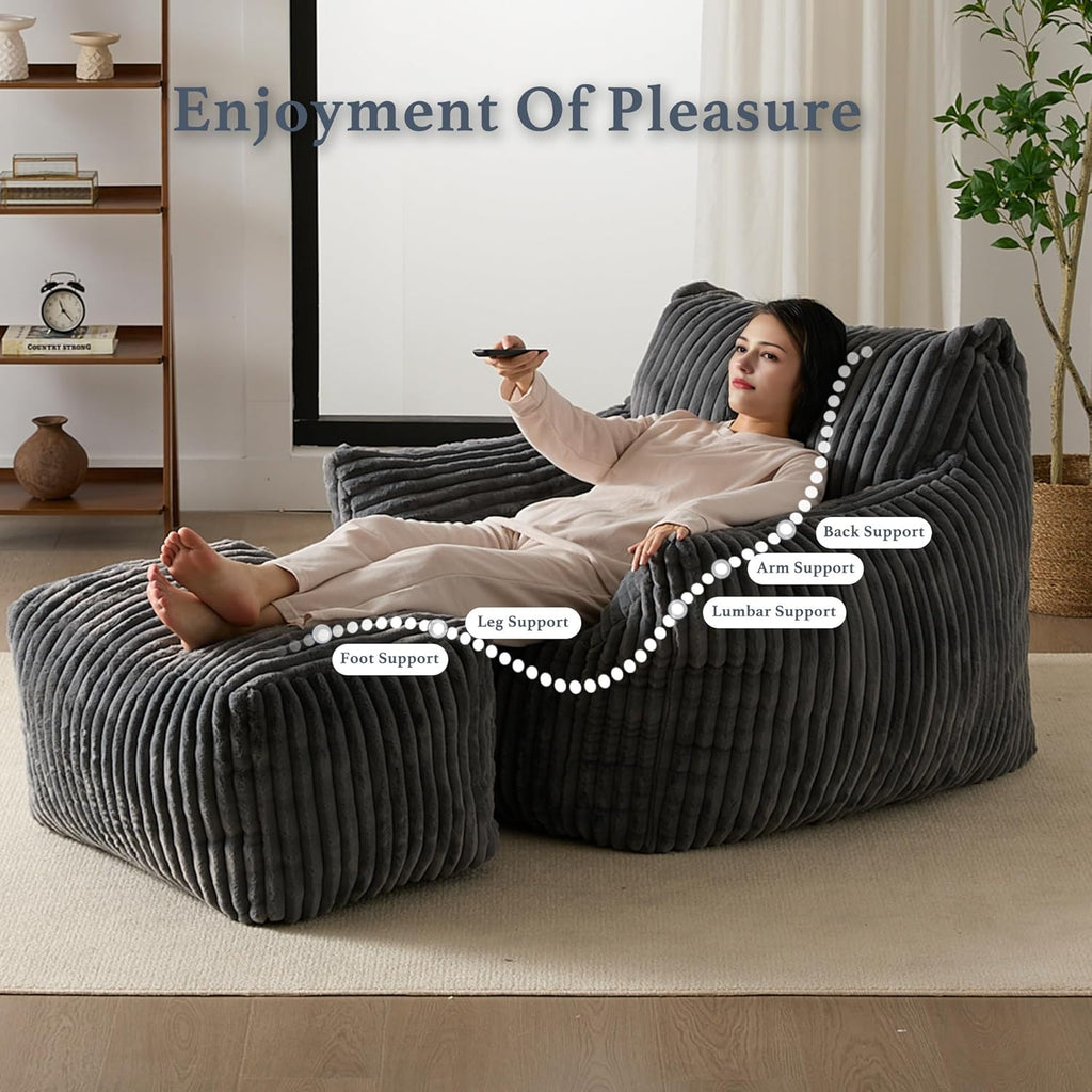 Gericco Oversized Bean Bag Chaise Lounge Chair Indoor for Adults with Armrests & Ottoman - Giant Comfy Gray Beanbag Floor Sofa Cloud Accent Chair for Reading, Gaming, Cozy Plush Cloud Mini Couch