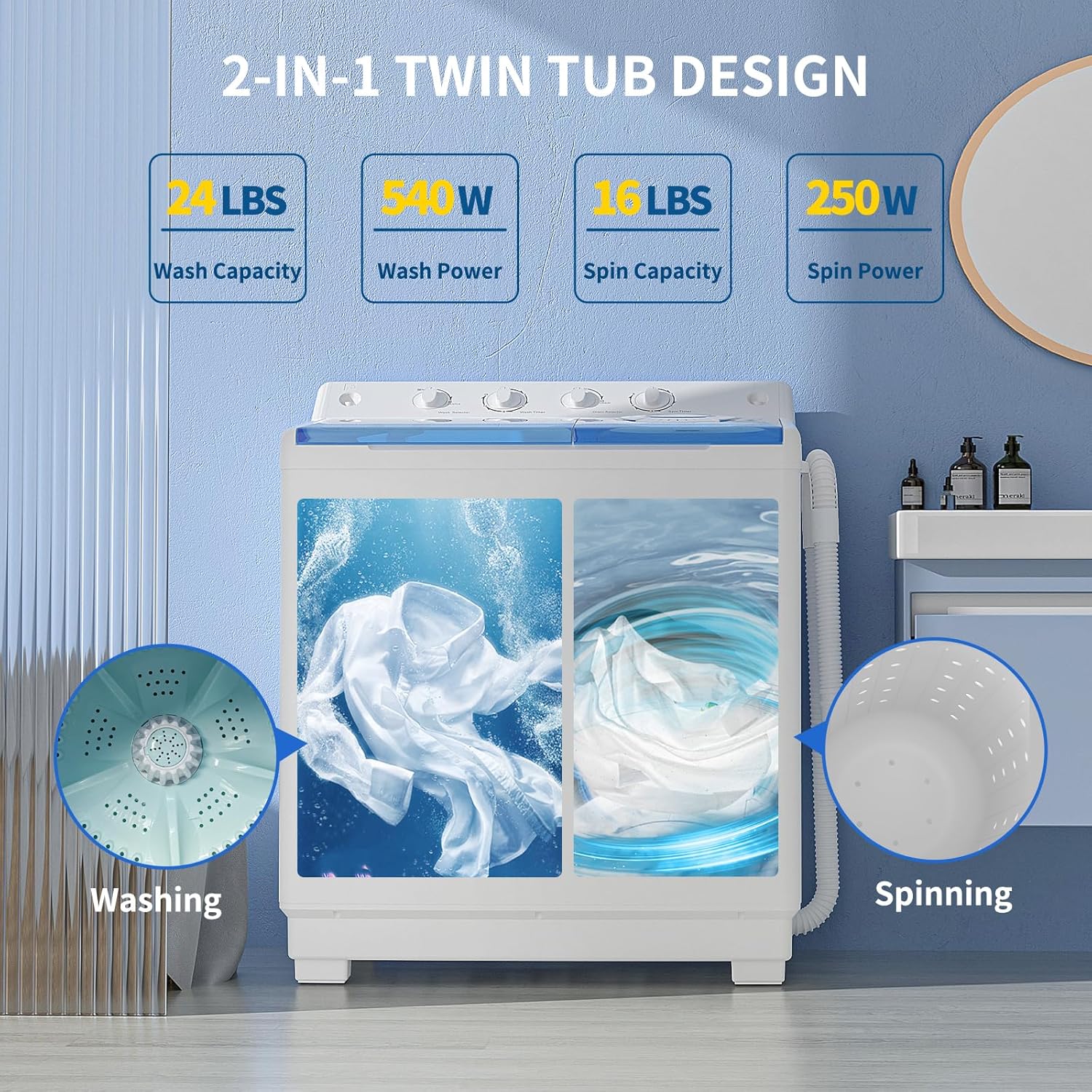 Zynkez Portable Washing Machine, 40Lbs Compact Washing machine, Twin Tub Laundry Washer Machine with Built-in Drain Pump, Semi-Automatic 24Lbs Washer and 16Lbs Spinner Combo for Apartments, Dorms, RVs