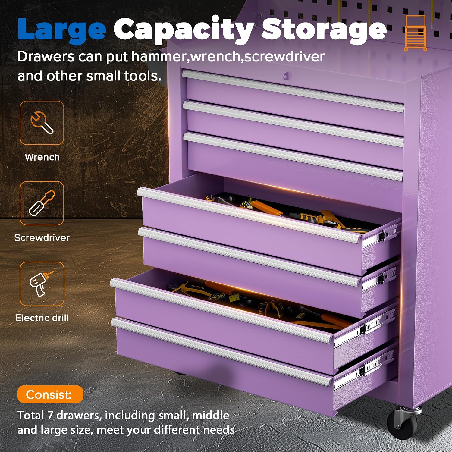 INTERGREAT 7 Drawers Rolling Tool Box with Pegboard,Portable Tool Chest with Wheels, Tool Box Organizer with Locking System for Garage, Purple