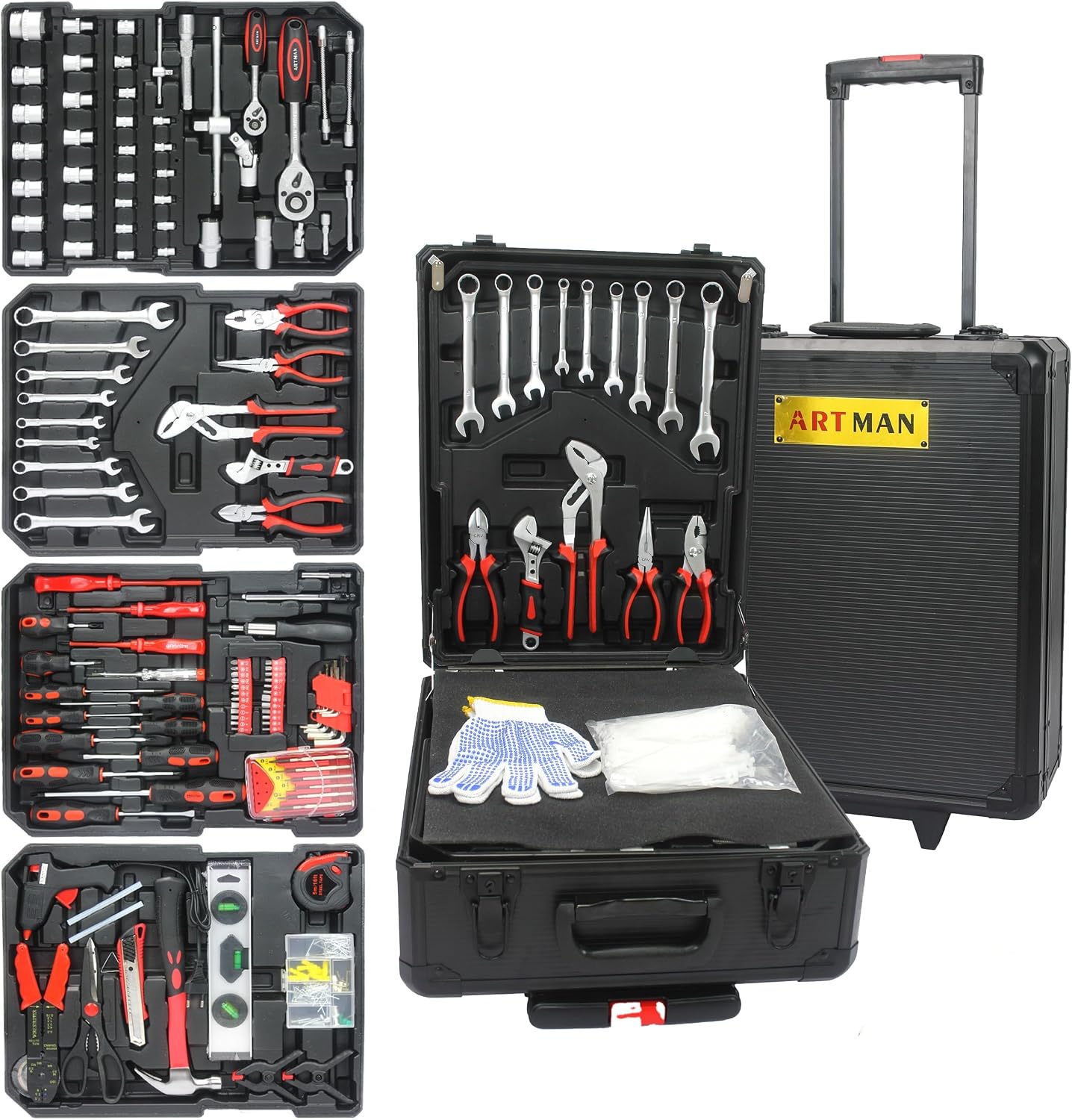 899pcs Artman Tool Set Tool Set Mechanics Kit, General Household Hand Tool Set for Home, Rolling Tool Box with Wheels - Perfect for Craftsman, Diyer, Handyman (Black)