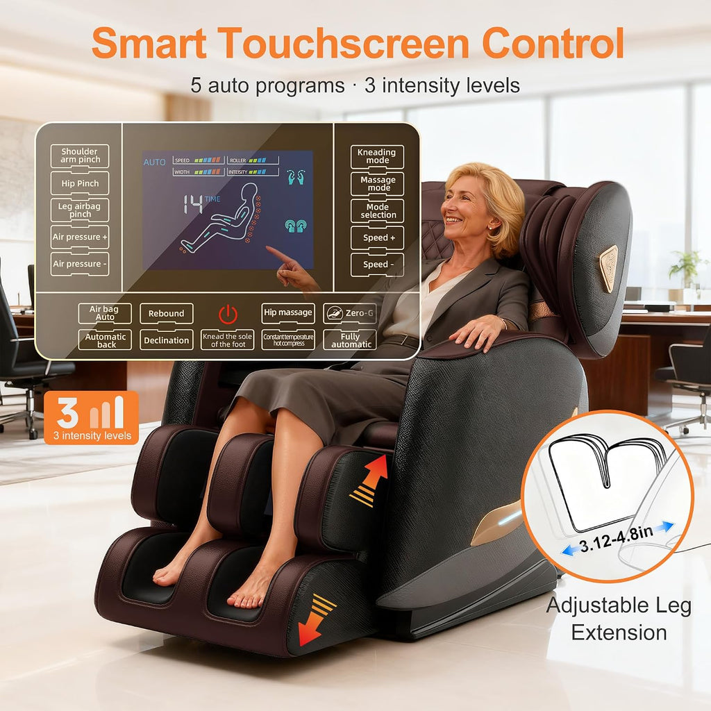Massage Chair Full Body and Recliner, Zero Gravity Massage Chairs, 10 Fix Rollers, Airbags, Heating, Foot Massage, Auto Modes, Bluetooth Speaker and Touch Control Screen for Home and Office (Brown)