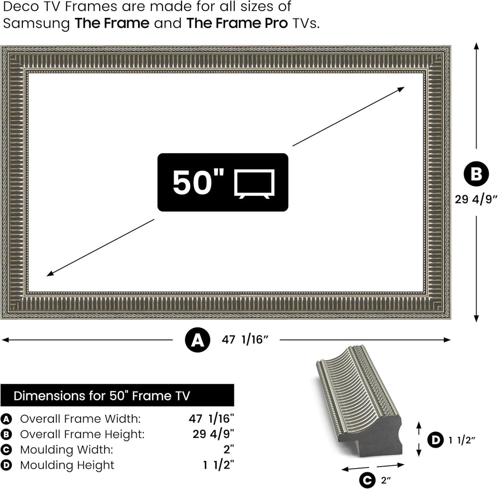 Empire Silver 50' Slim Deco TV Frame - Compatible ONLY with Samsung The Frame TVs (Fits 2021-2026, LS03A, LS03B, LS03C, LS03D, LS03FA)